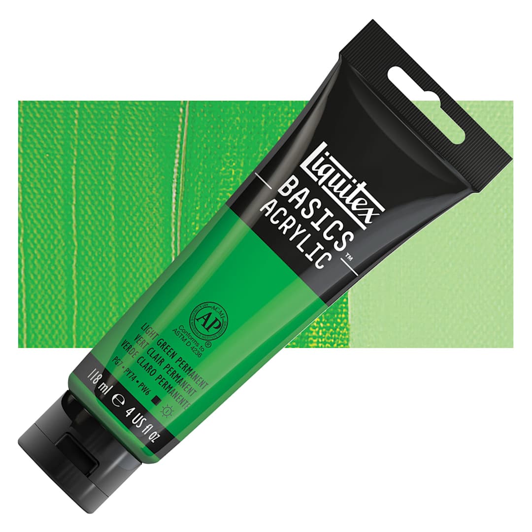 Open in modal - Liquitex Basics Acrylic Paint - Light Green Permanent, 4 oz tube and swatch