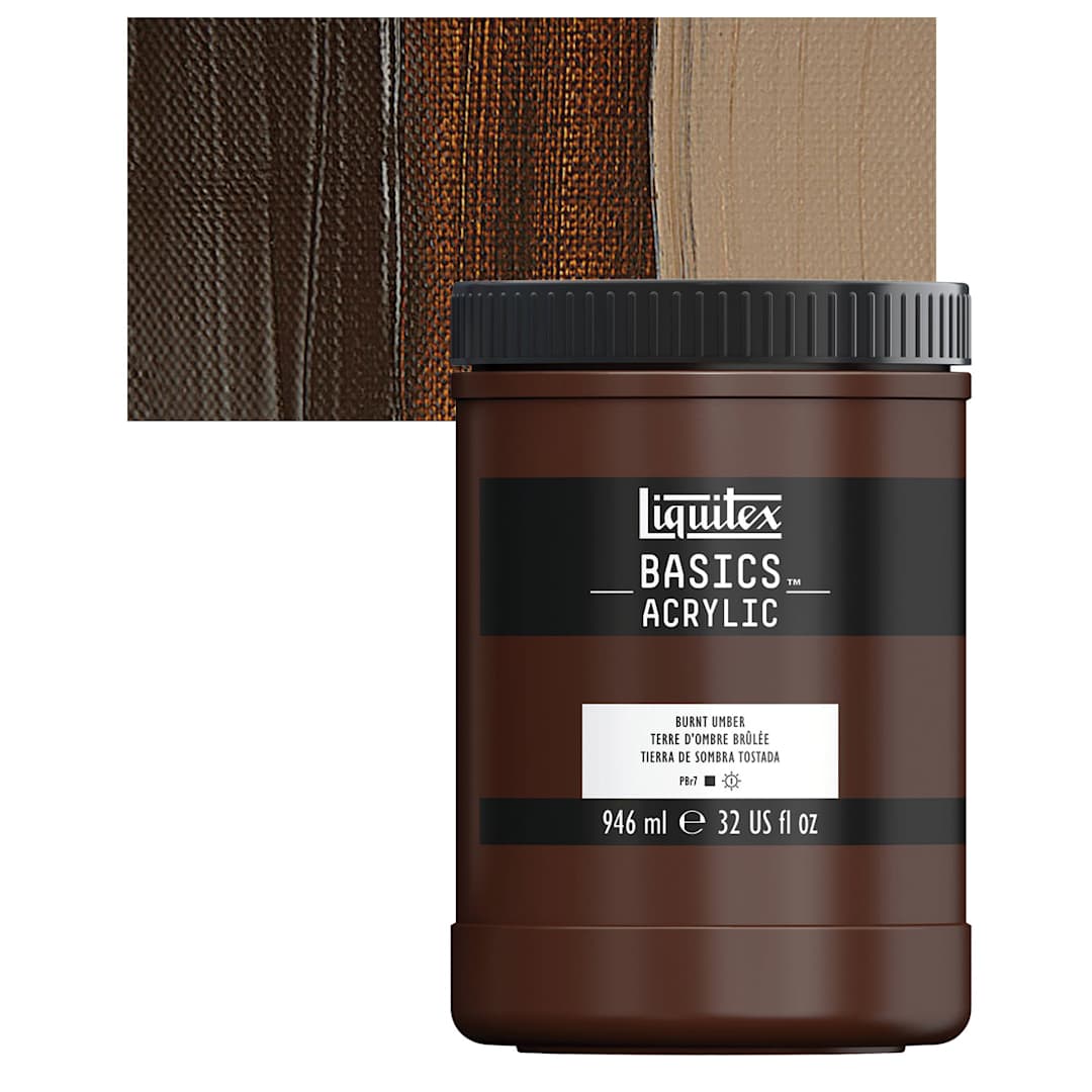 Open in modal - Liquitex Basics Acrylic Paint - Burnt Umber, 32 oz jar and swatch