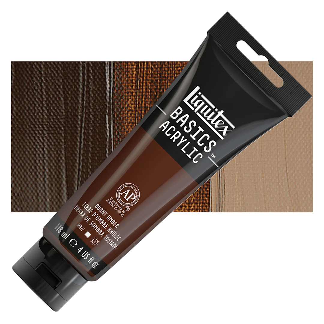 Open in modal - Liquitex Basics Acrylic Paint - Burnt Umber, 4 oz tube and swatch