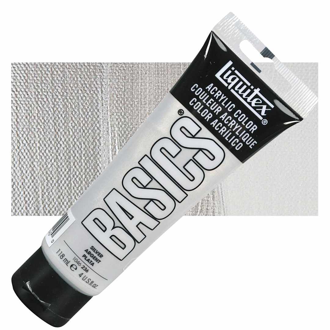 Open in modal - Liquitex Basics Acrylic Paint - Silver, 4 oz tube and swatch