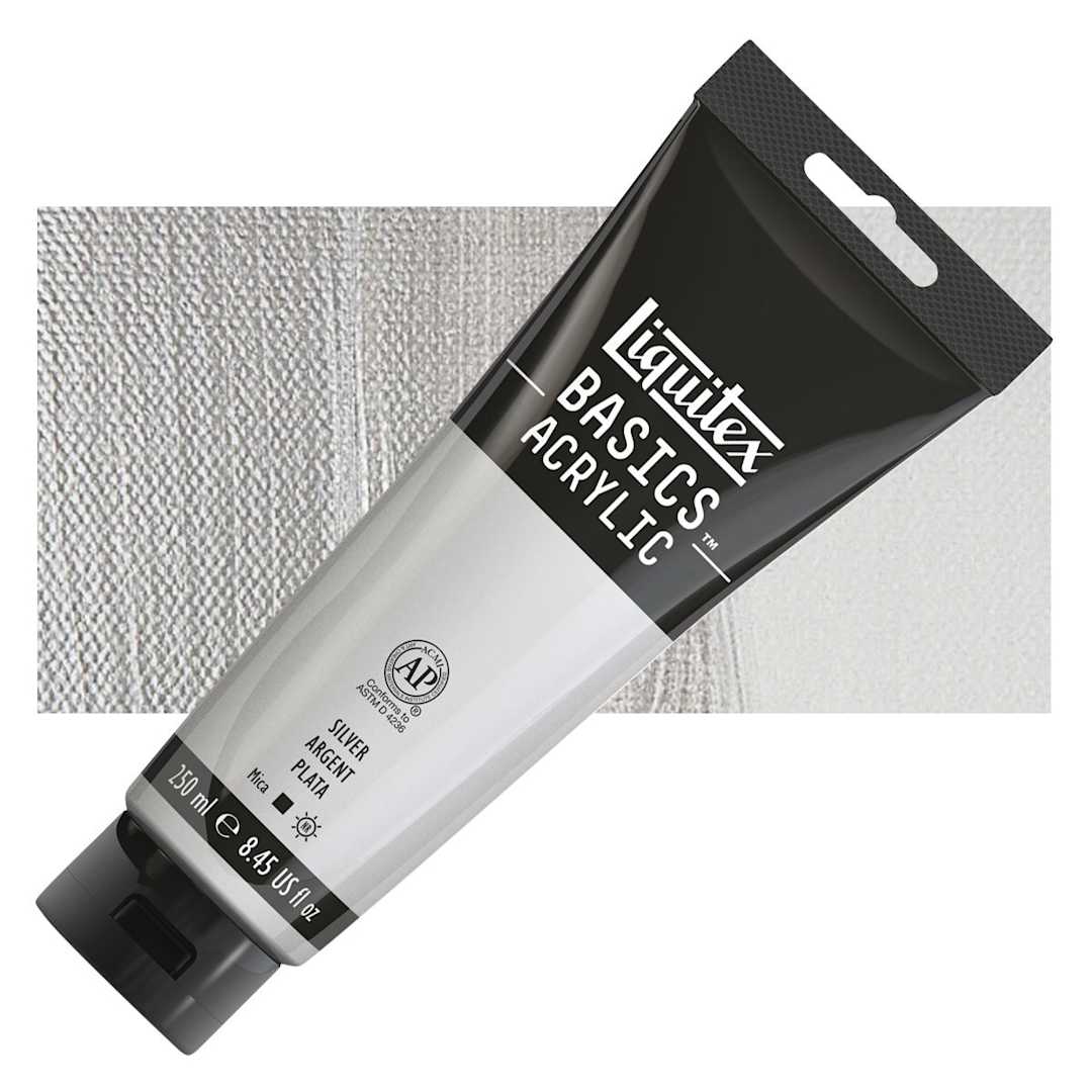 Open in modal - Liquitex Basics Acrylic Paint - Silver, 8.5 oz tube and swatch
