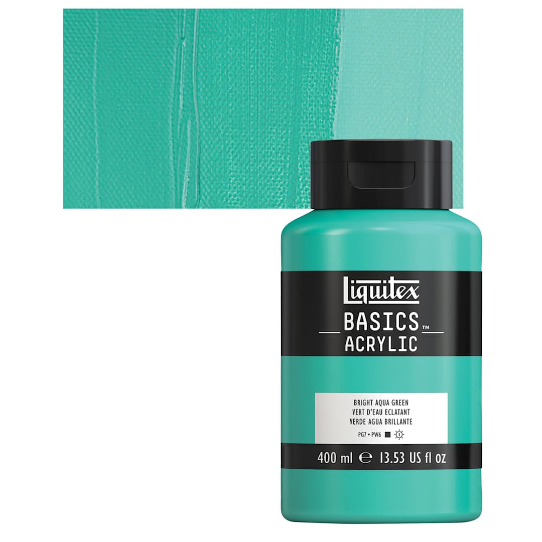 Open in modal - Liquitex Basics Acrylic Paint - Bright Aqua Green, 13.5 oz Bottle and swatch