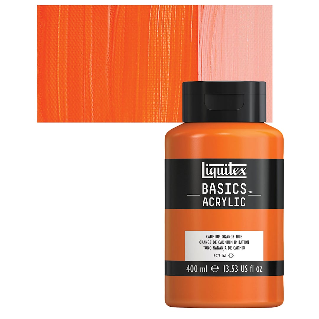Open in modal - Liquitex Basics Acrylic Paint - Cadmium Orange Hue, 13.5 oz Bottle and swatch