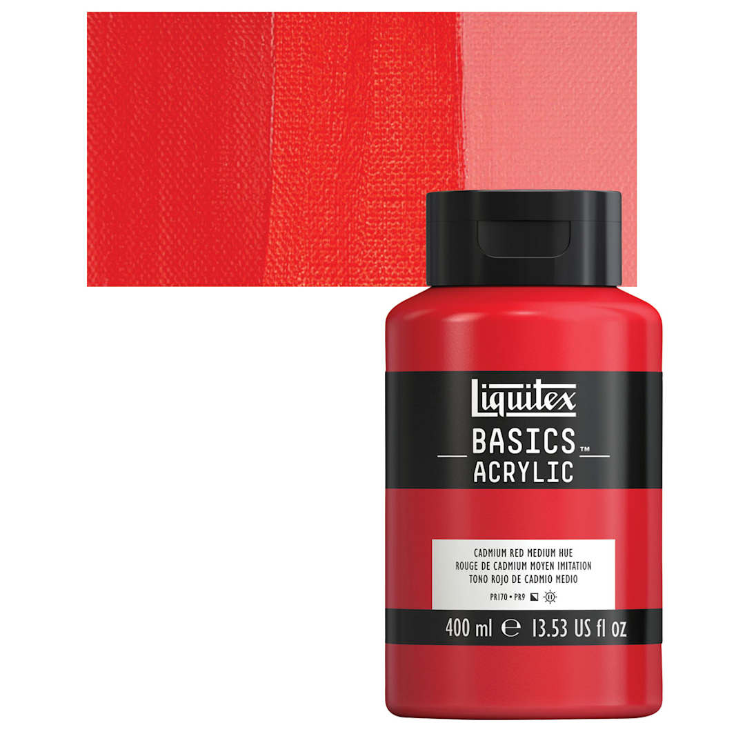 Open in modal - Liquitex Basics Acrylic Paint - Cadmium Red Medium Hue, 13.5 oz Squeeze Bottle and swatch