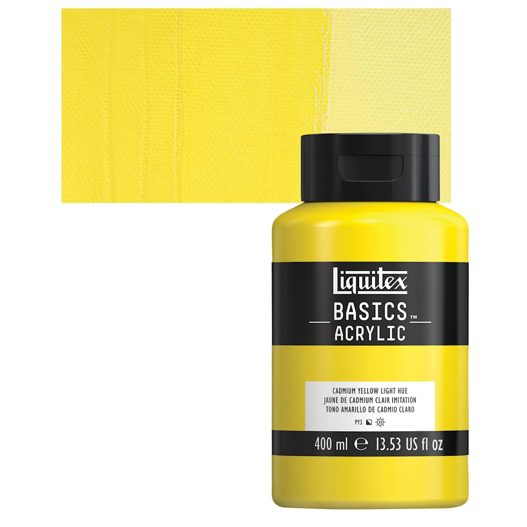 Open in modal - Liquitex Basics Acrylic Paint - Cadmium Yellow Light Hue, 13.5 oz Bottle and swatch