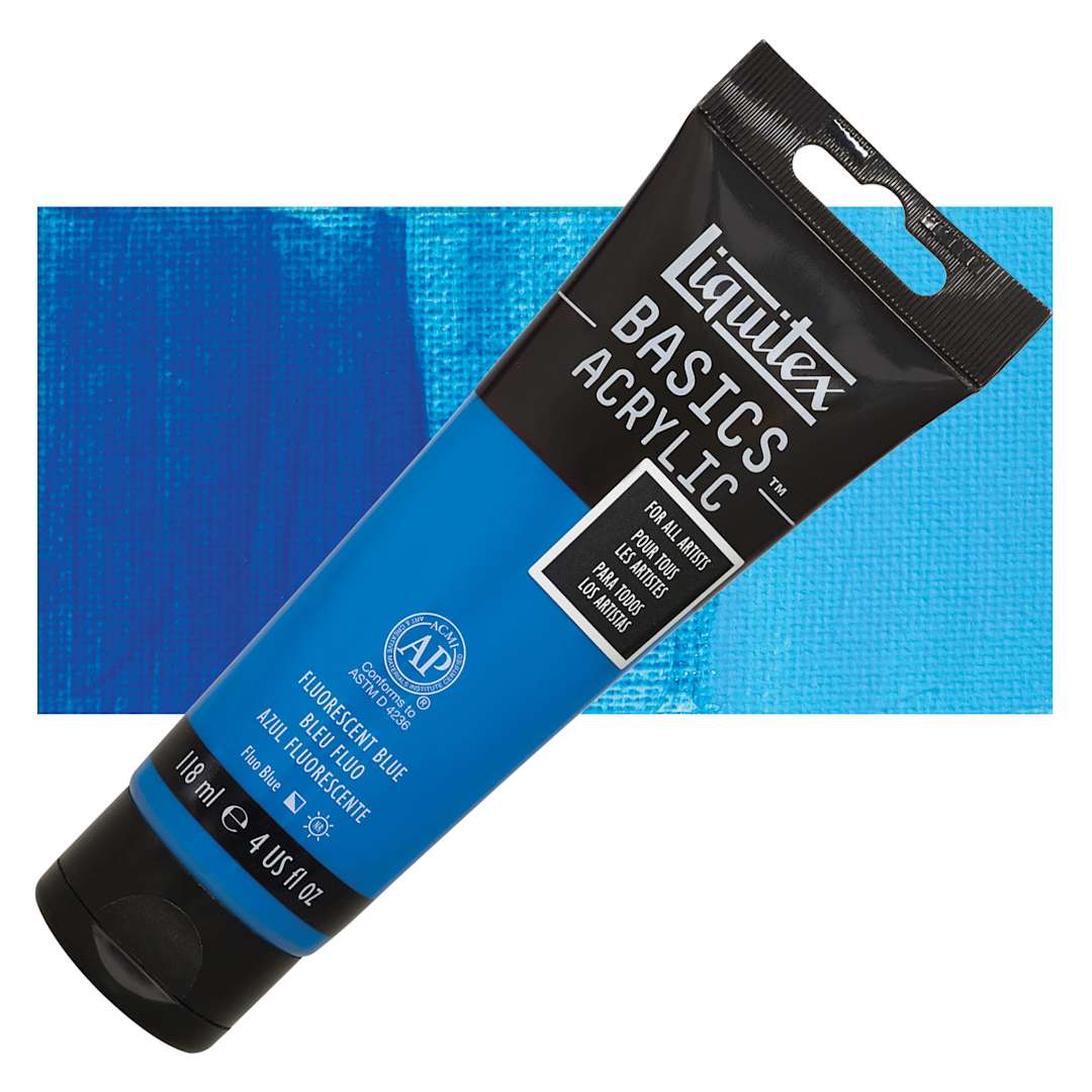 Open in modal - Liquitex Basics Acrylic Paint - Fluorescent Blue, 4 oz tube and swatch