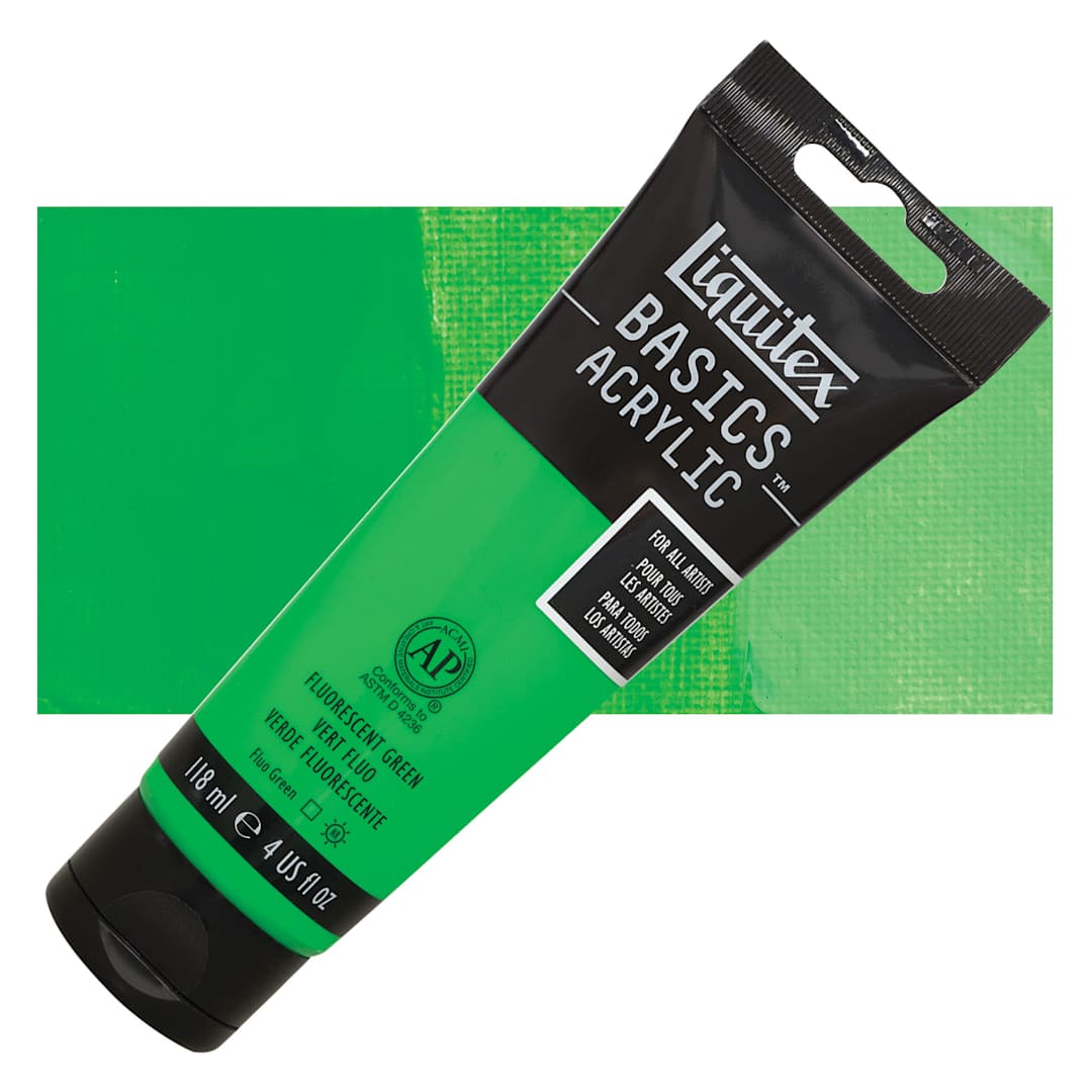 Open in modal - Liquitex Basics Acrylic Paint - Fluorescent Green, 4 oz tube and swatch