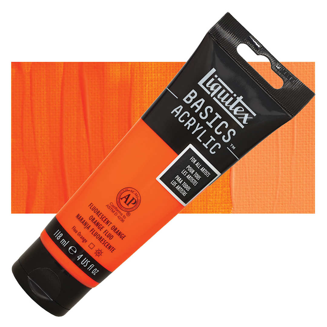 Open in modal - Liquitex Basics Acrylic Paint - Fluorescent Orange, 4 oz tube and swatch