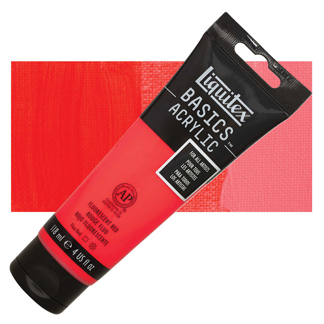 Open in modal - Liquitex Basics Acrylic Paint - Fluorescent Red, 4 oz tube and swatch