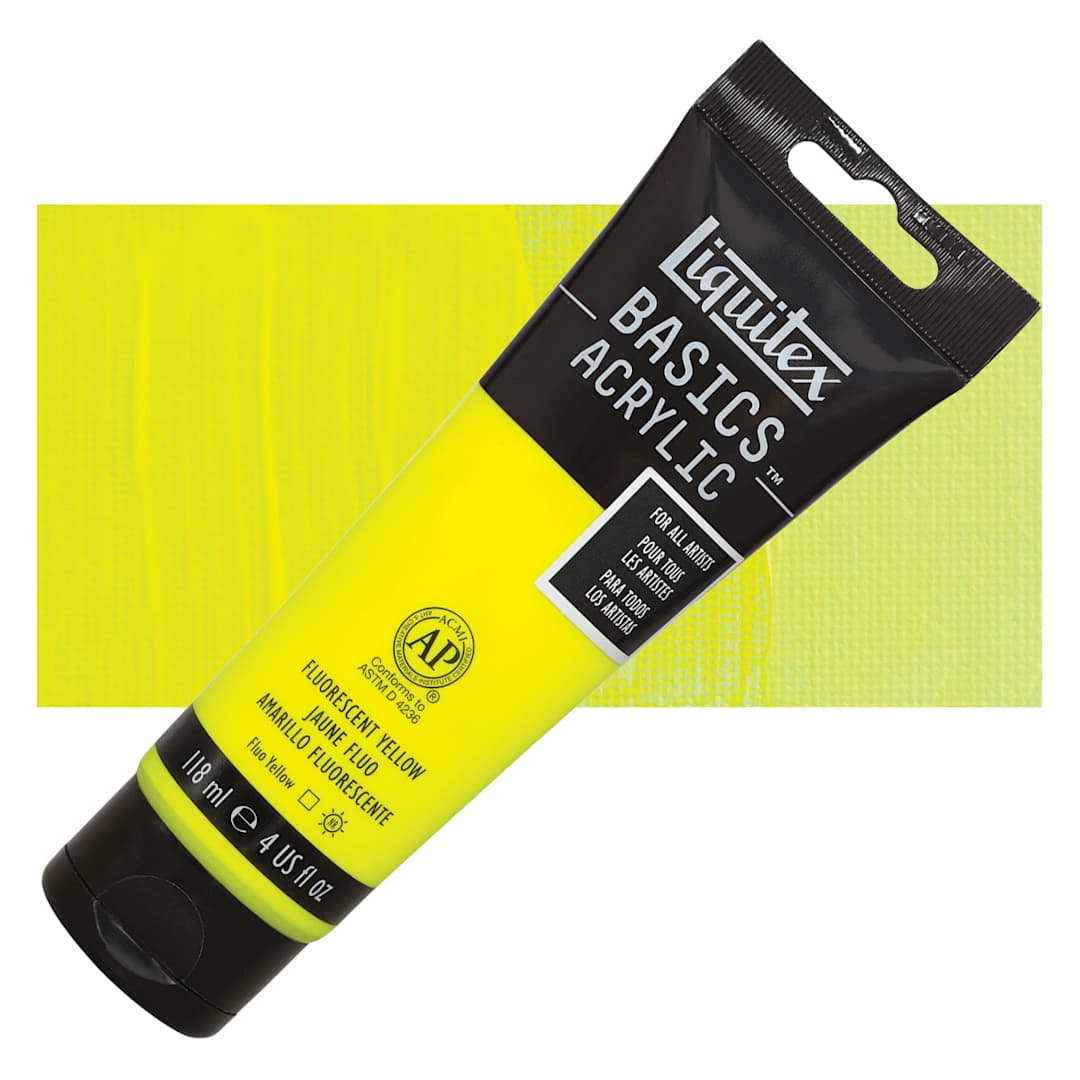 Open in modal - Liquitex Basics Acrylic Paint - Fluorescent Yellow, 4 oz tube and swatch