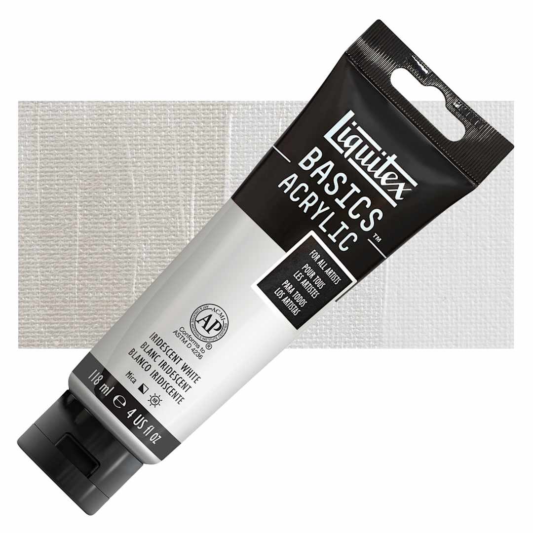 Open in modal - Liquitex Basics Acrylic Paint - Iridescent White, 4 oz tube and swatch