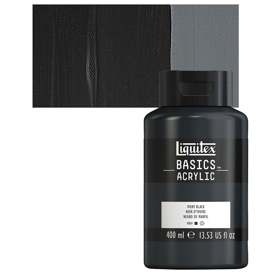 Open in modal - Liquitex Basics Acrylic Paint - Ivory Black, 13.5 oz Squeeze Bottle and swatch