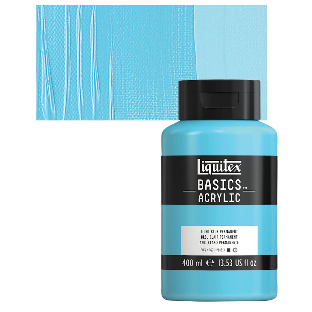 Open in modal - Liquitex Basics Acrylic Paint - Light Blue Permanent,13.5 oz Bottle and swatch