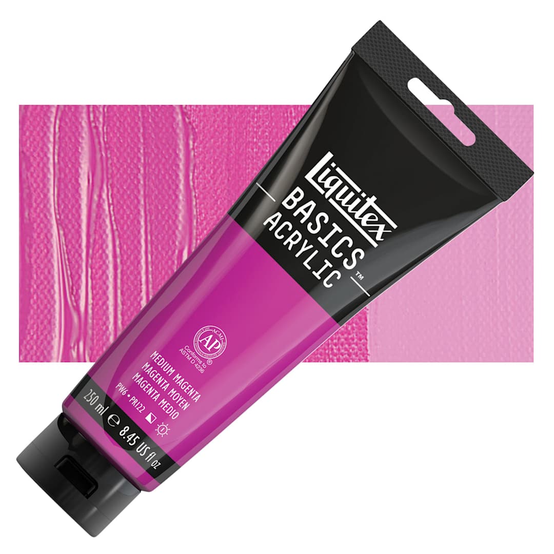Open in modal - Liquitex Basics Acrylic Paint - Medium Magenta, 8.5 oz Tube and swatch