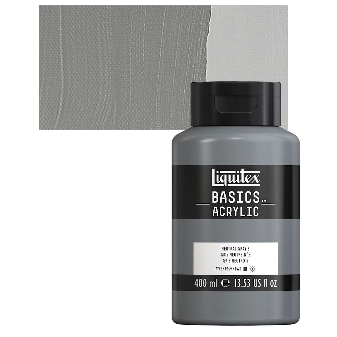 Open in modal - Liquitex Basics Acrylic Paint - Neutral Gray Value 5, 13.5 oz Squeeze Bottle and swatch
