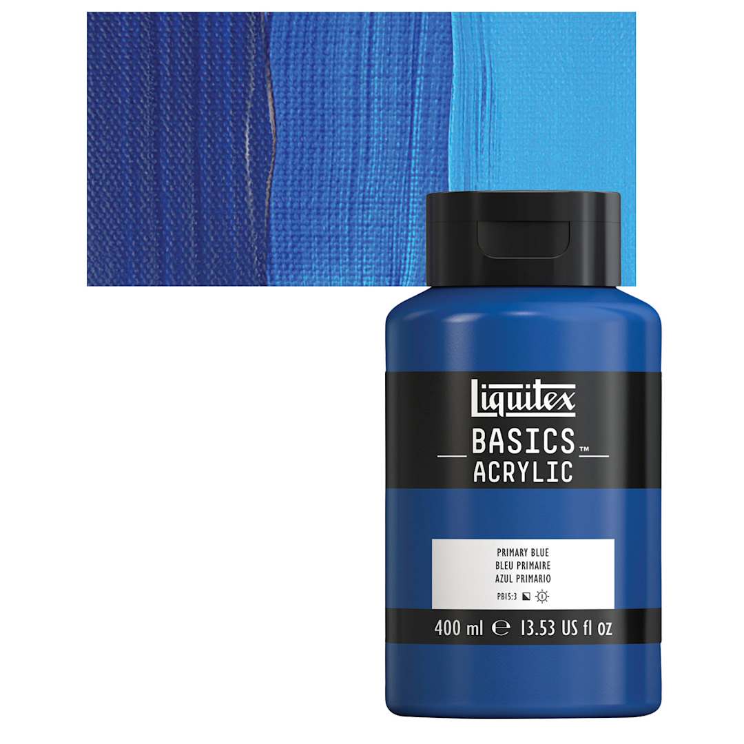 Open in modal - Liquitex Basics Acrylic Paint - Primary Blue, 13.5 oz Bottle and swatch