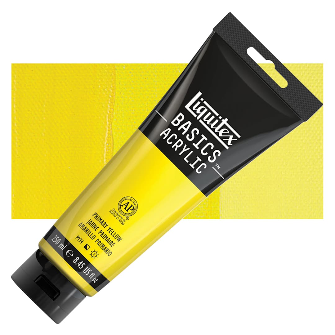 Open in modal - Liquitex Basics Acrylic Paint - Primary Yellow, 8.5 oz tube and swatch