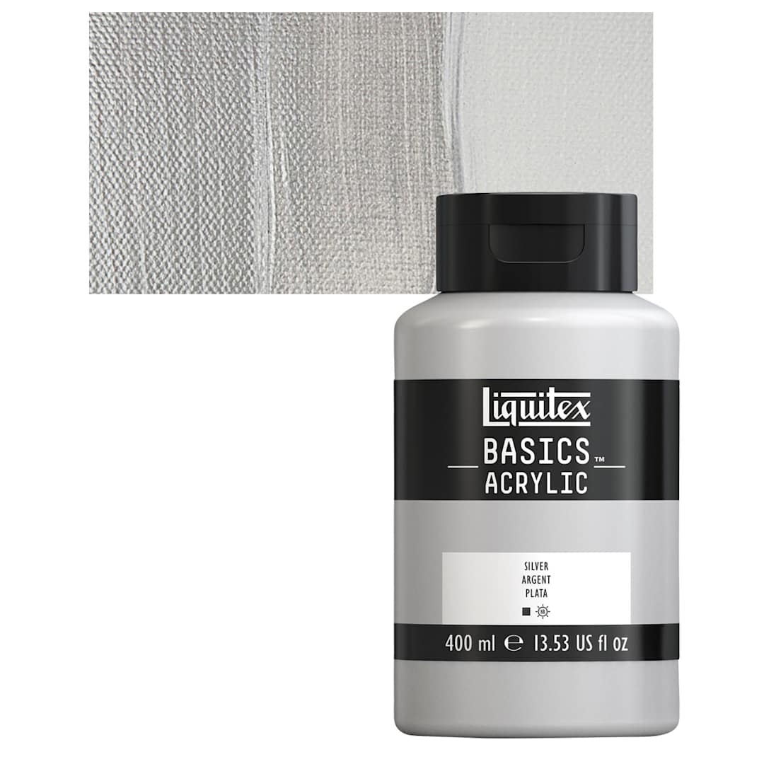 Open in modal - Liquitex Basics Acrylic Paint - Silver, 13.5 oz Bottle and swatch