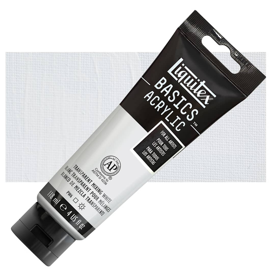 Open in modal - Liquitex Basics Acrylic Paint - Transparent Mixing White, 4 oz tube and swatch