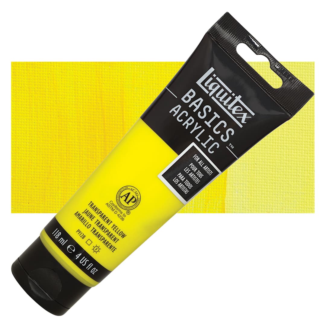 Open in modal - Liquitex Basics Acrylic Paint - Transparent Yellow, 4 oz tube and swatch