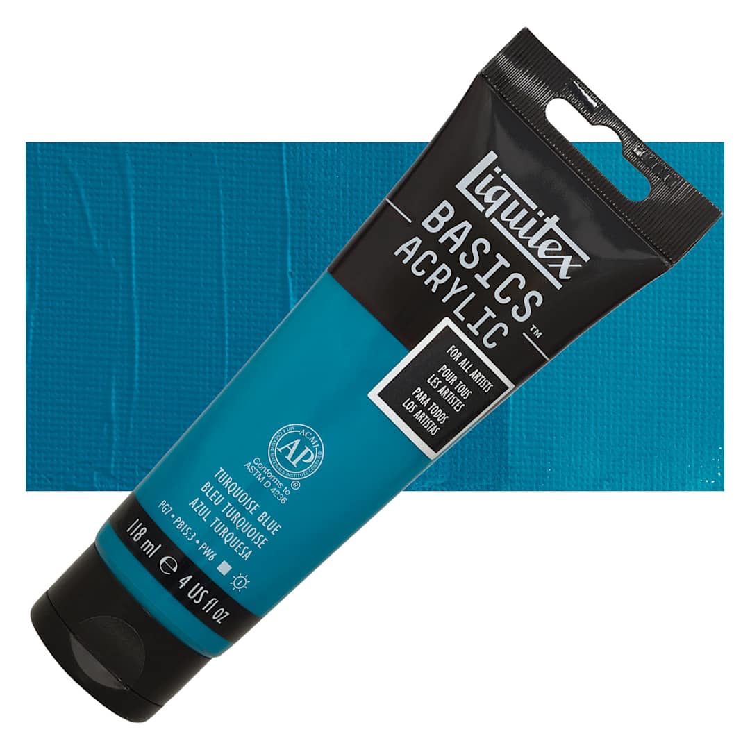 Open in modal - Liquitex Basics Acrylic Paint - Turquoise Blue, 4 oz tube and swatch