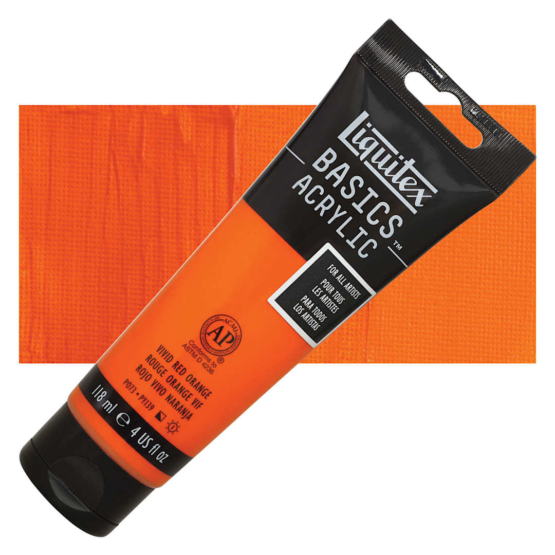 Open in modal - Liquitex Basics Acrylic Paint - Vivid Red Orange, 4 oz tube and swatch