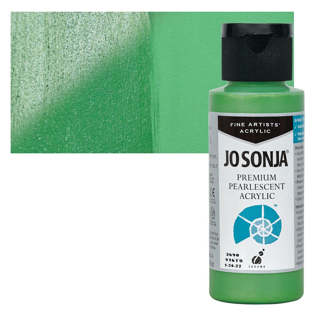 Open in modal - Chroma’s Jo Sonja Premium Pearlescent - Pearlescent Green, 2 oz bottle and swatch