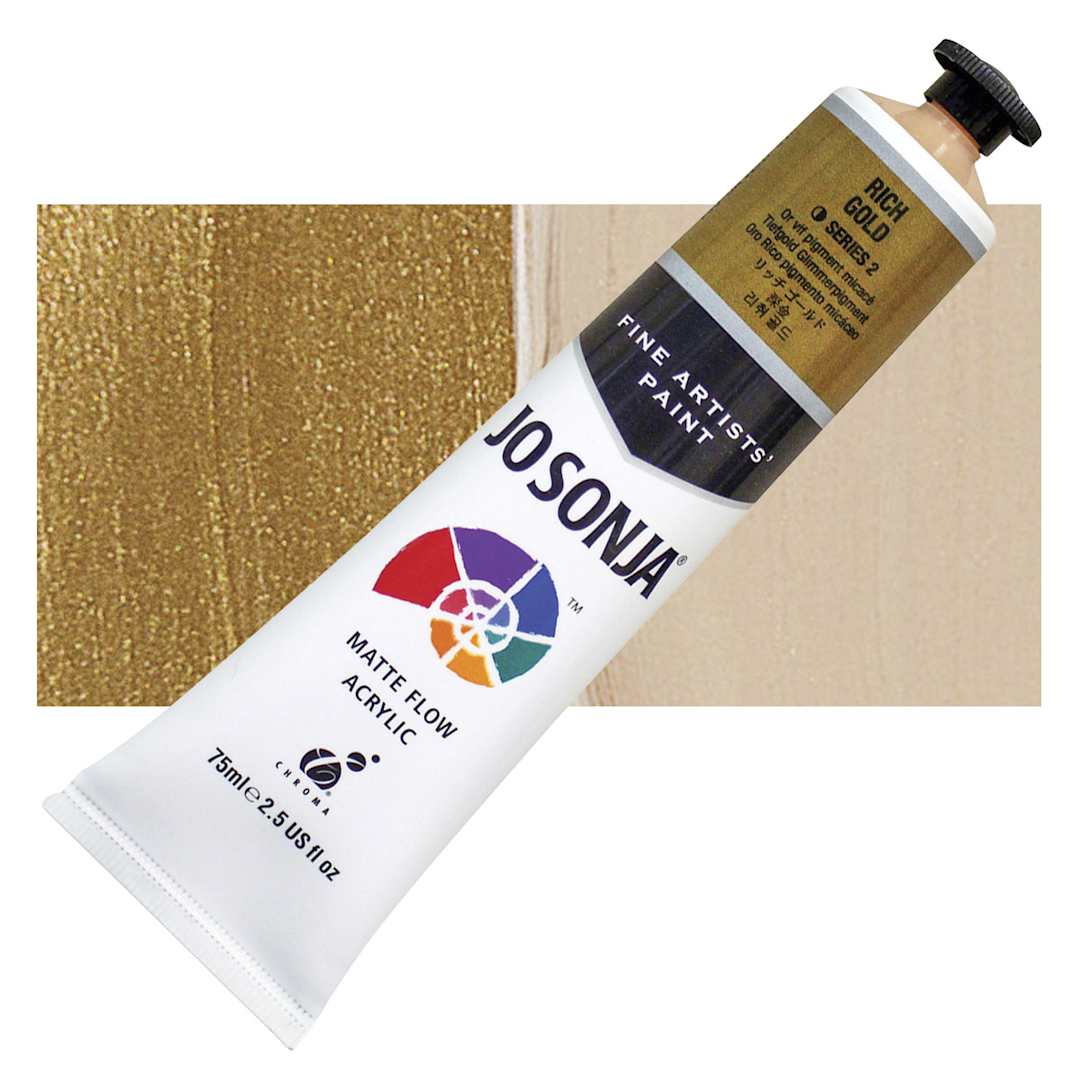 Open in modal - Chroma’s Jo Sonja Specialty Acrylic Paint - Metallic Rich Gold, 2.5 oz tube and swatch