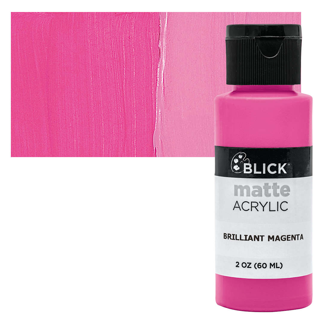Open in modal - Blick Matte Acrylic - Brilliant Magenta, 2 oz bottle and swatch