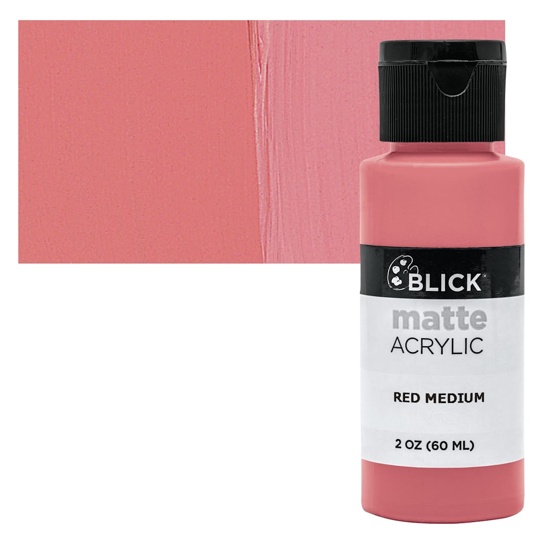 Open in modal - Blick Matte Acrylic - Red Medium, 2 oz bottle and swatch