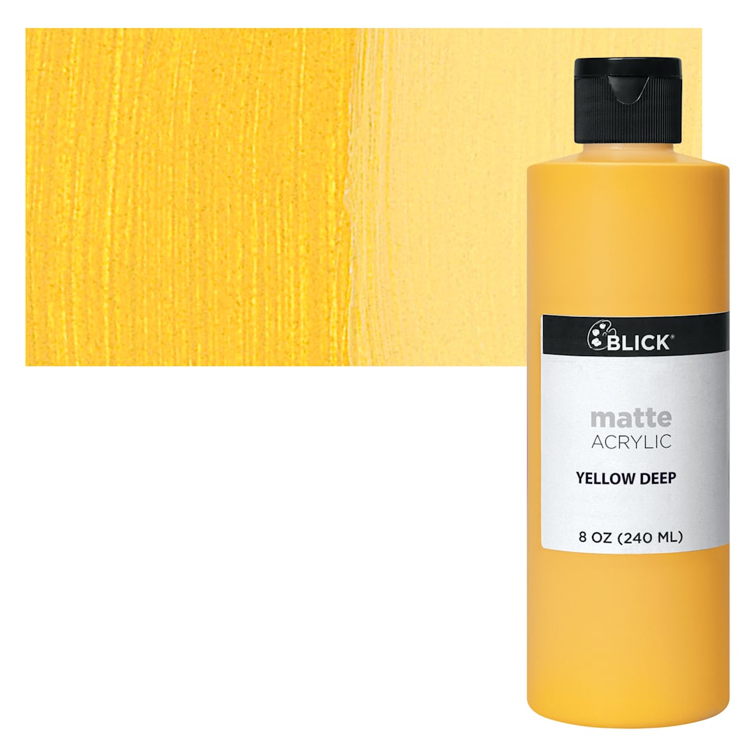 Open in modal - Blick Matte Acrylic - Yellow Deep, 8 oz bottle and swatch
