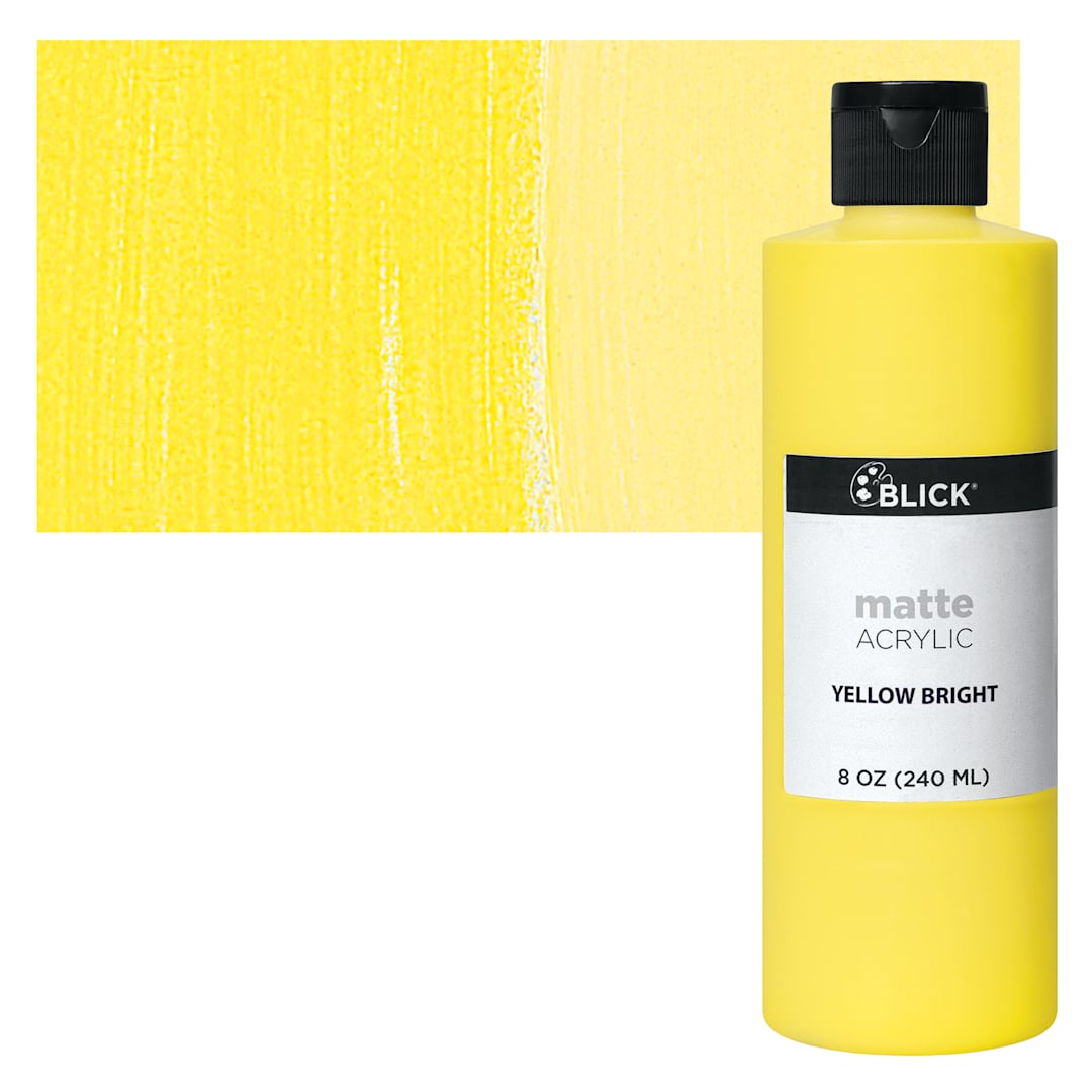 Open in modal - Blick Matte Acrylic - Yellow Bright, 8 oz bottle and swatch