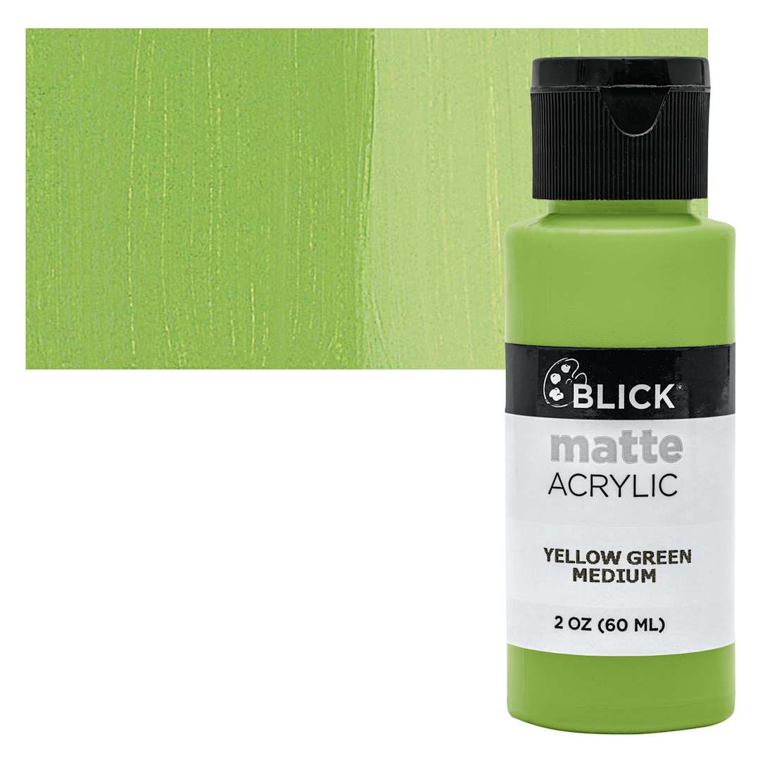 Open in modal - Blick Matte Acrylic - Yellow Green Medium, 2 oz bottle and swatch