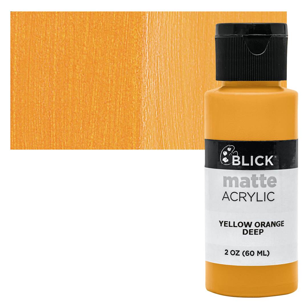 Open in modal - Blick Matte Acrylic - Yellow Orange Deep, 2 oz bottle and swatch