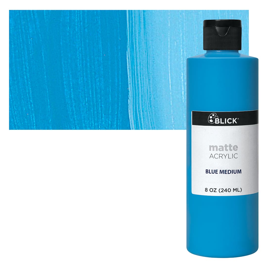 Open in modal - Blick Matte Acrylic - Blue Medium, 8 oz bottle and swatch