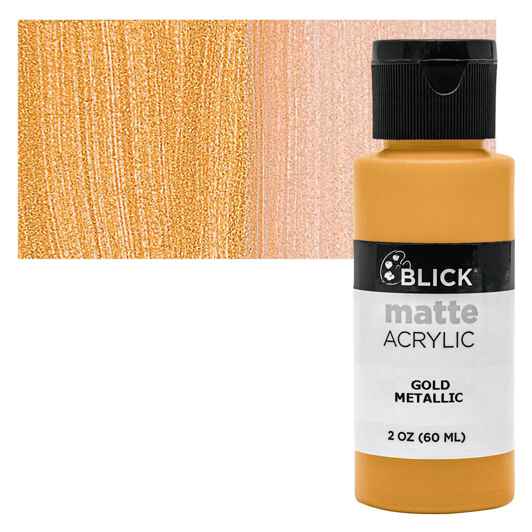 Open in modal - Blick Matte Acrylic - Gold Metallic, 2 oz bottle and swatch
