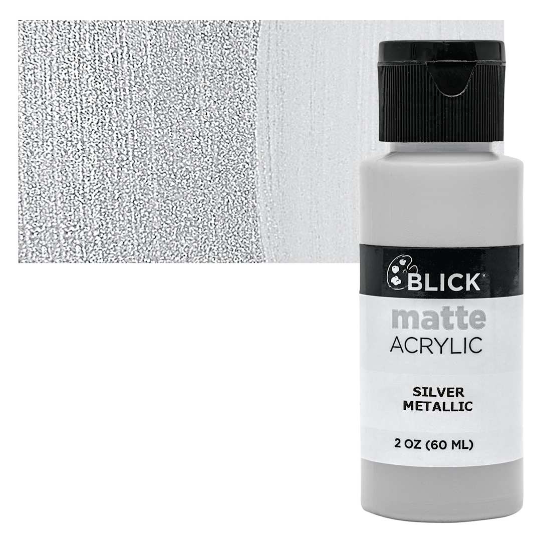 Open in modal - Blick Matte Acrylic - Silver Metallic, 2 oz bottle and swatch