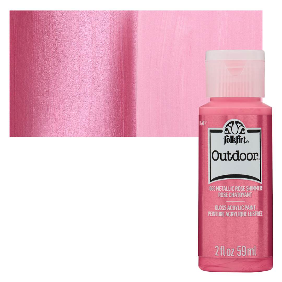 Open in modal - FolkArt Outdoor Acrylic Paint - Metallic Rose Shimmer, 2 oz, Bottle and Swatch