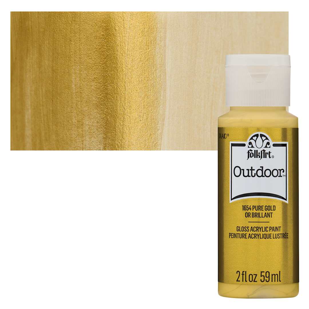 Open in modal - FolkArt Outdoor Acrylic Paint - Metallic Pure Gold, 2 oz, Bottle and Swatch