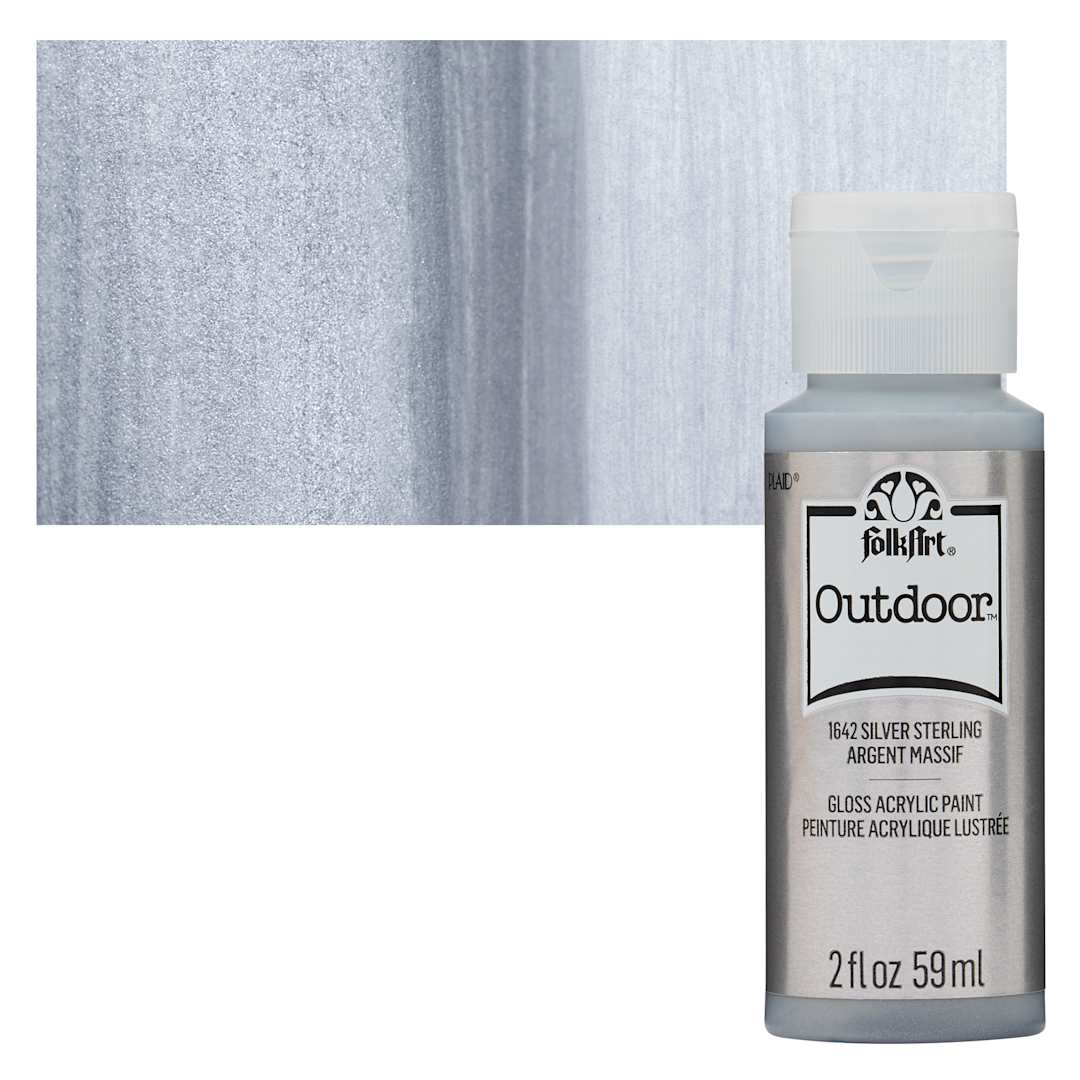 Open in modal - FolkArt Outdoor Acrylic Paint - Metallic Silver Sterling, 2 oz, Bottle and Swatch