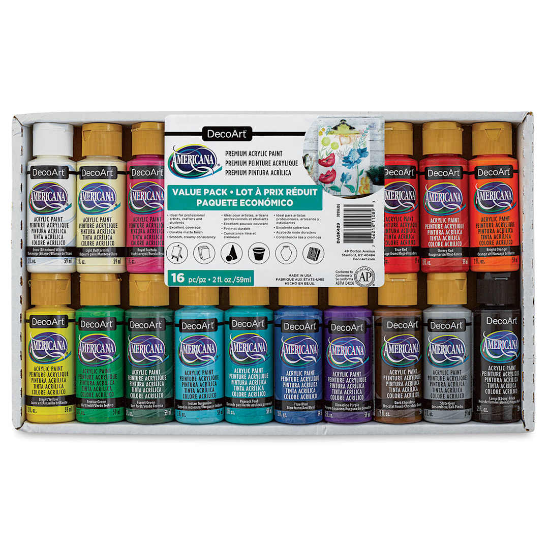 Open in modal - DecoArt Americana Acrylic Paint - Front of package of Value Set of 16 colors