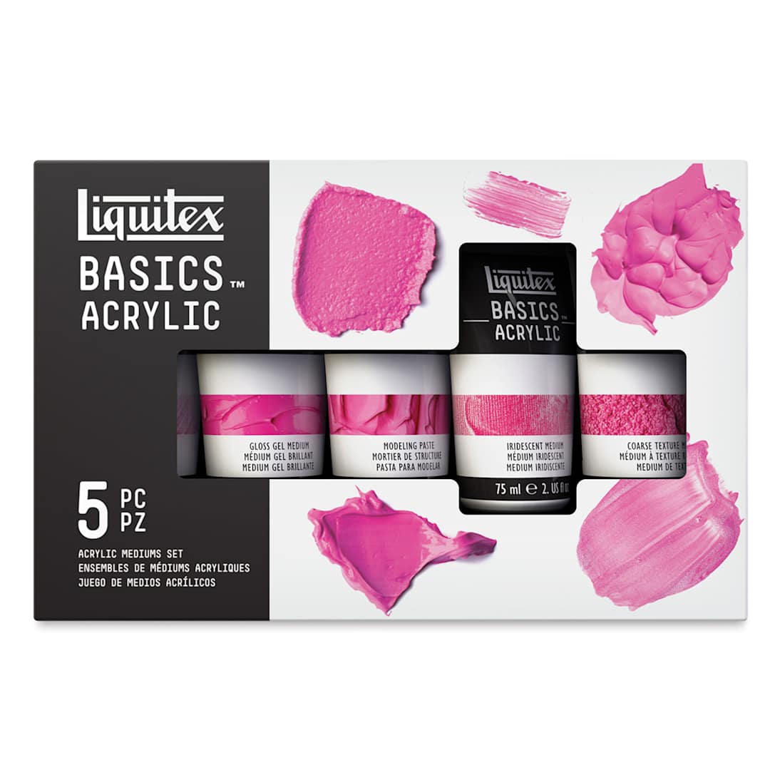 Open in modal - Liquitex Basics Acrylic Mediums Starter Set - Front of package of 5 pc Starter set