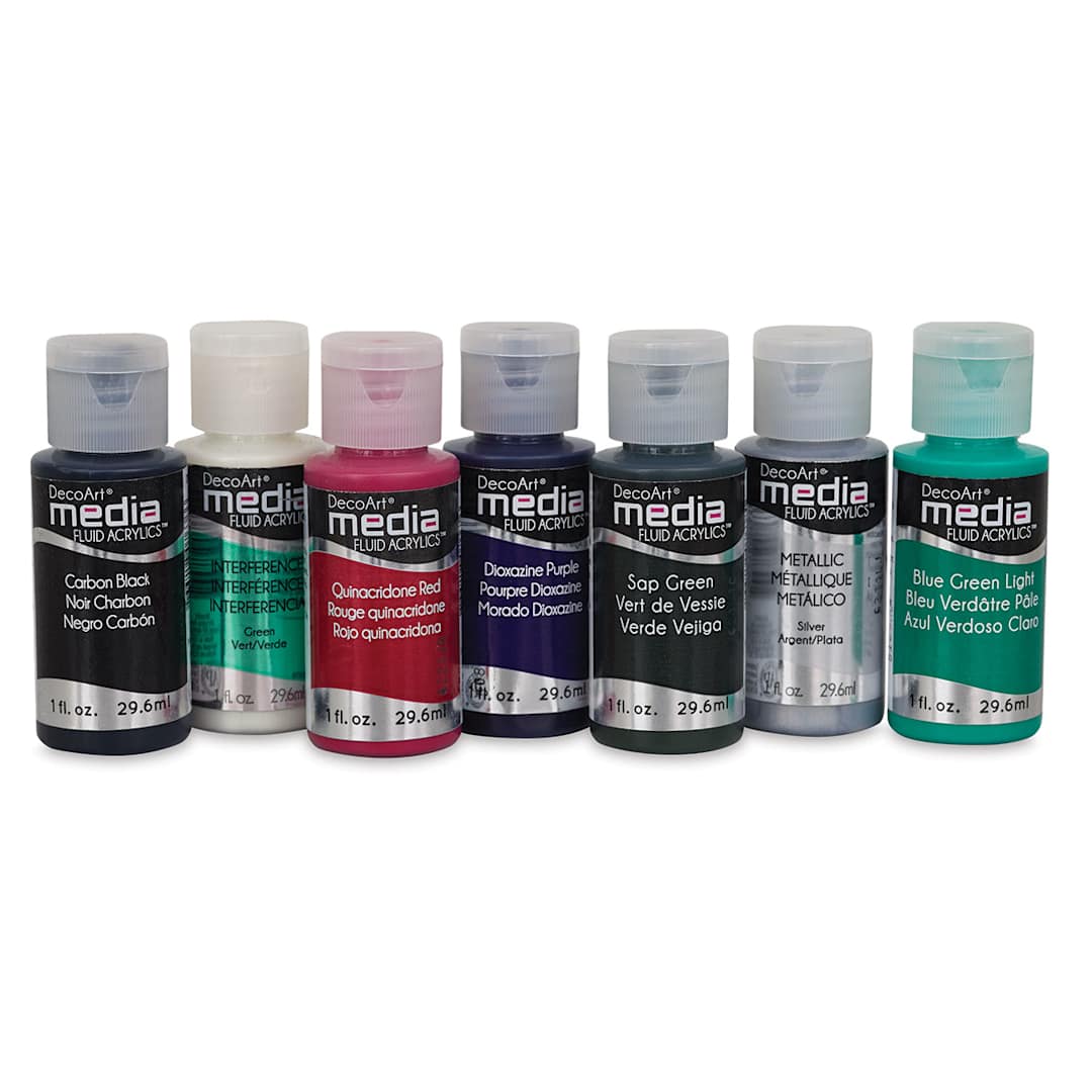 Open in modal - DecoArt Media Fluid Acrylics - Seven bottles of different colors shown
