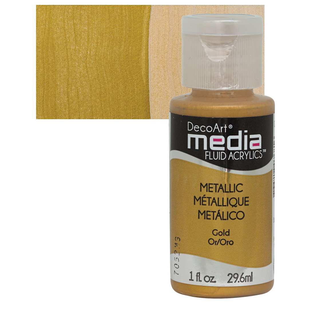 Open in modal - Deco Art Media Fluid Acrylic - Metallic Gold 1 oz Bottle and swatch