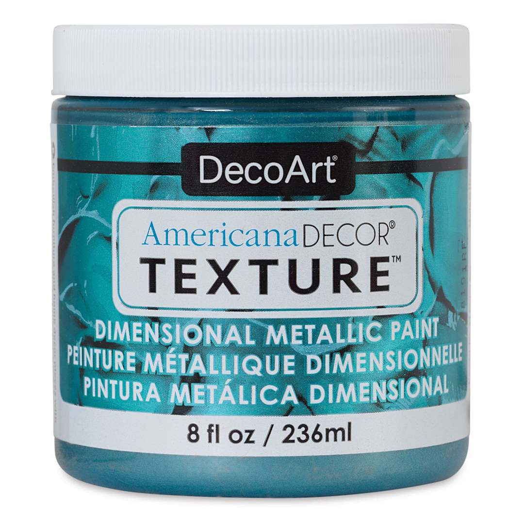 Open in modal - DecoArt American Decor Texture Paint - Front view of Aquamarine Metallic Jar