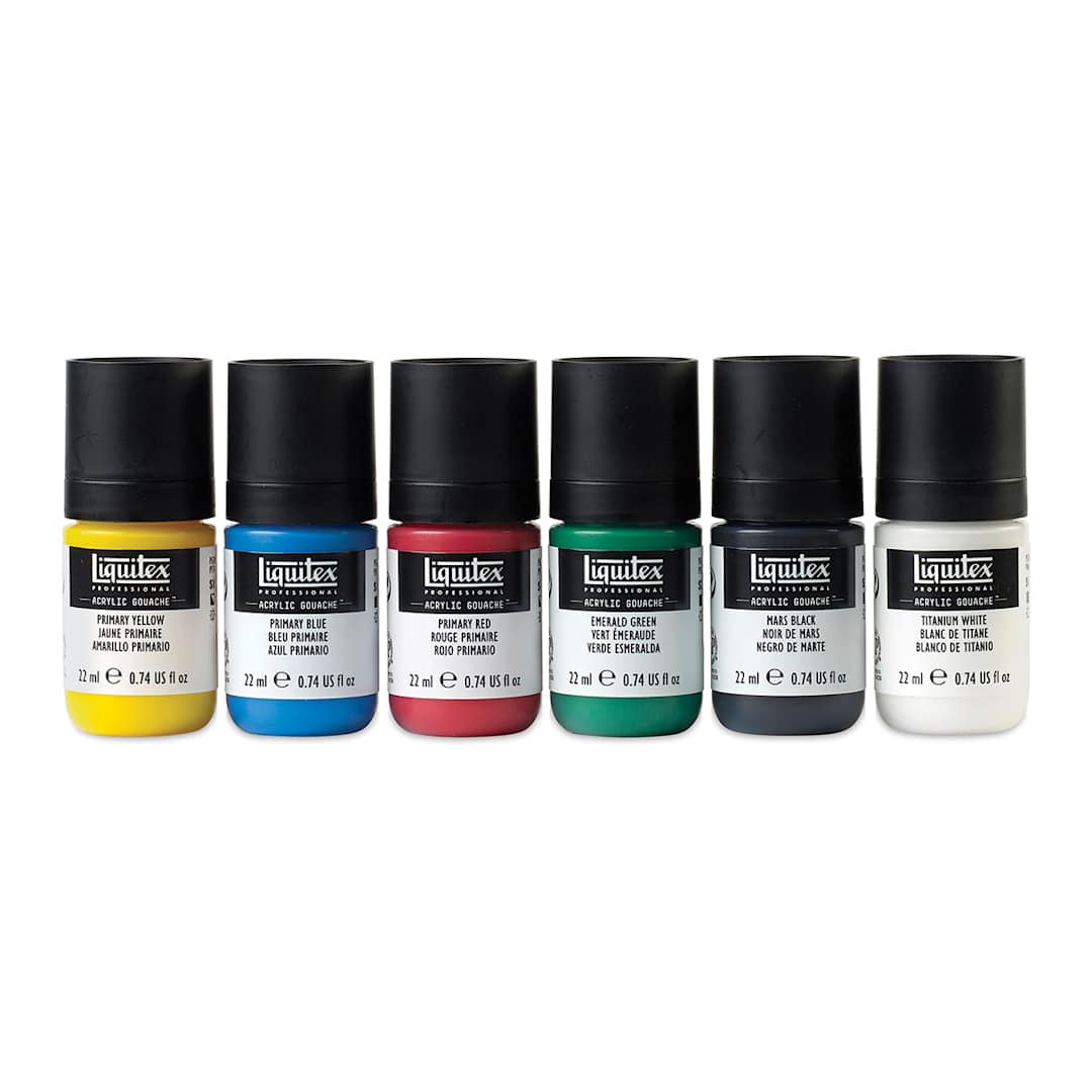 Open in modal - Liquitex Professional Acrylic Gouache - Essential Set of 12. Row of six paint jars.  