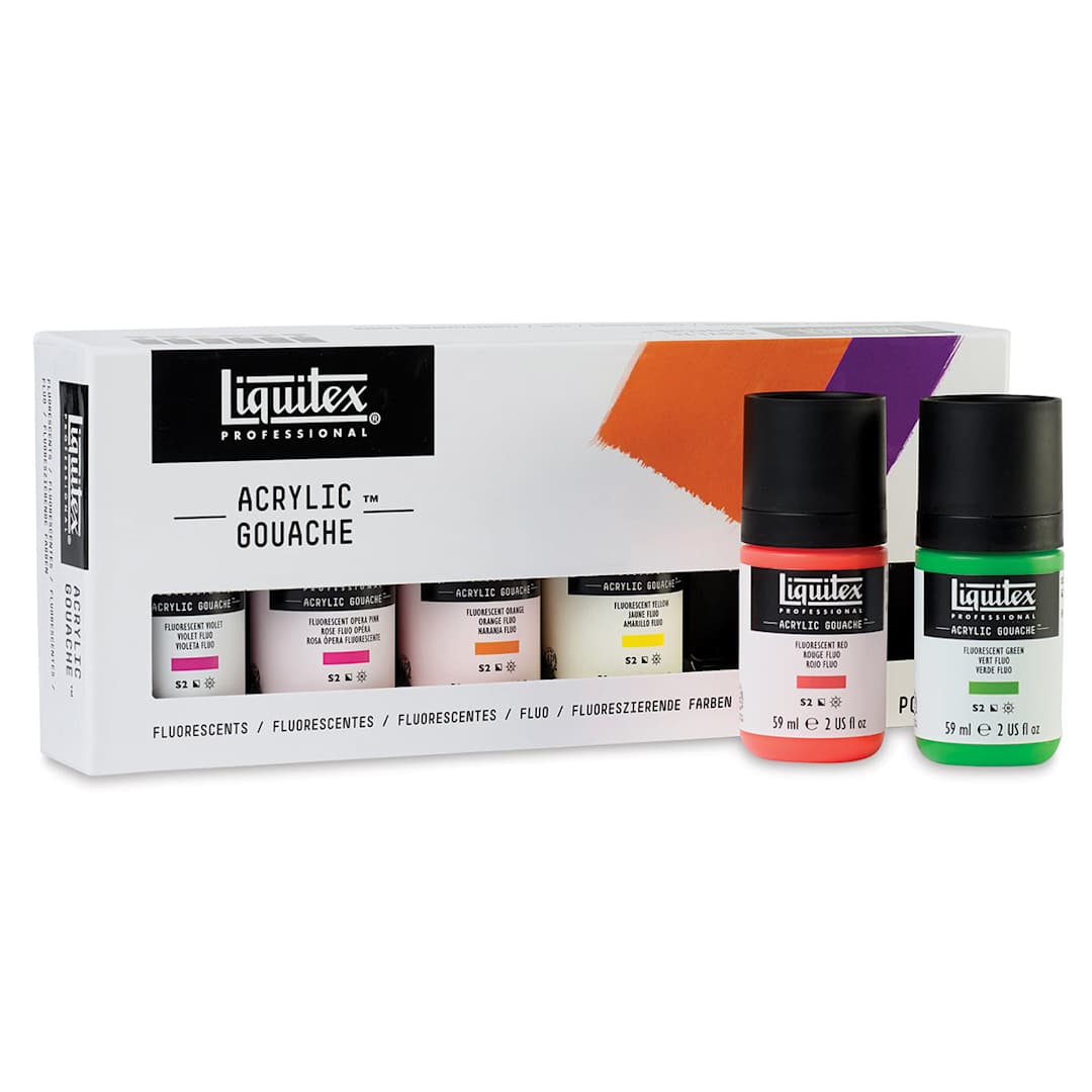 Open in modal - Liquitex Professional Acrylic Gouache - Fluorescents Set of 6. Box front, red/green jars in front.
