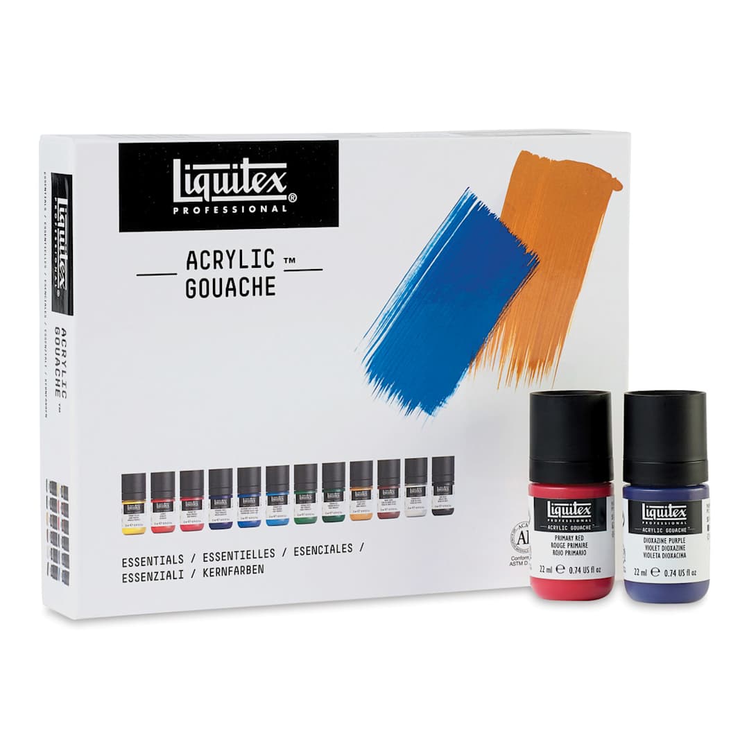 Open in modal - Liquitex Acrylic Gouache - Essentials Set of 12 packaging and two bottles