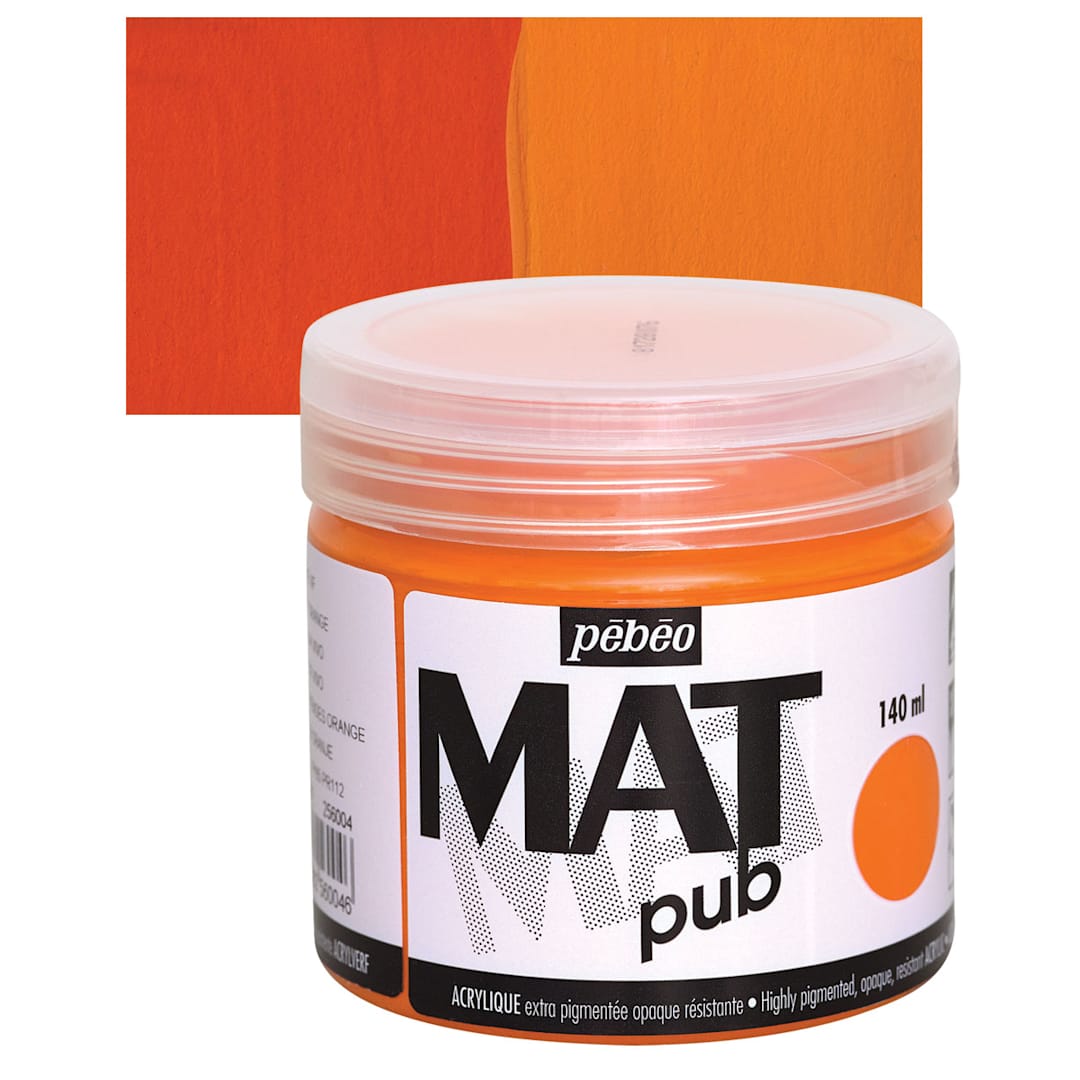 Open in modal - Pebeo Mat Pub Acrylic Paint - Bright Orange, 140 ml jar and swatch