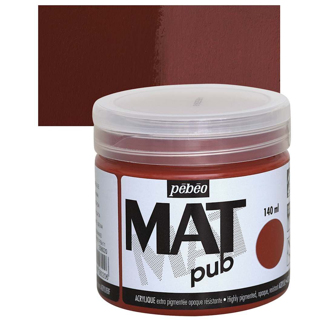 Open in modal - Pebeo Mat Pub Acrylic Paint - Burnt Sienna, 140 ml jar and swatch
